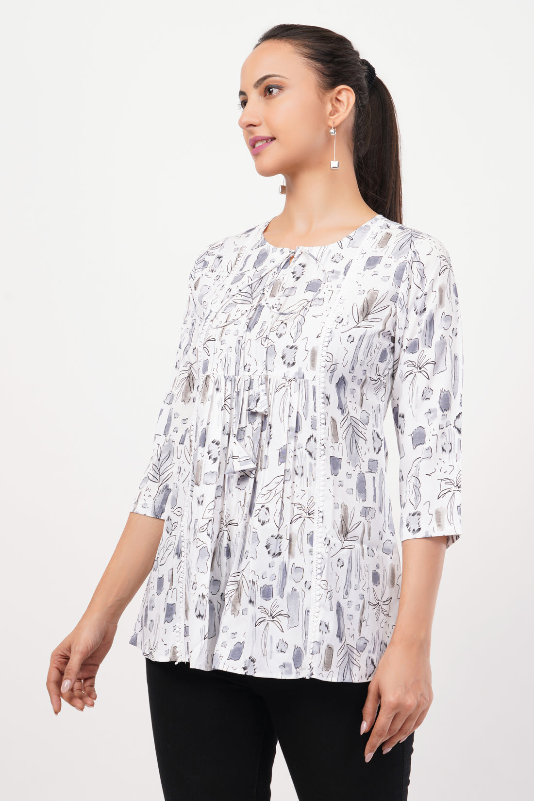 Honneybee Elegant White and Grey Floral Pintuck Tunic