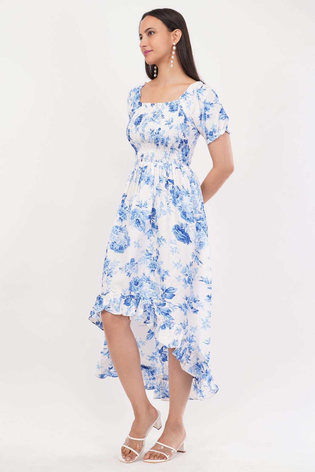 Honneybee Elegant Blue Floral Midi Dress