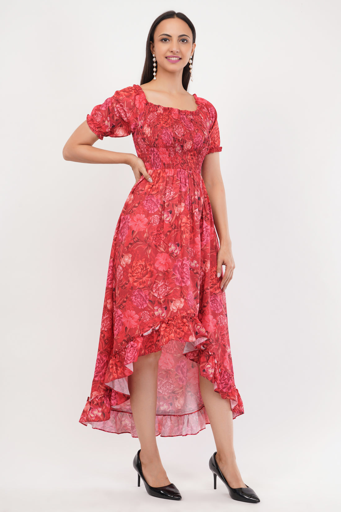 Honneybee Scarlet Bloom Off-Shoulder Midi Dress